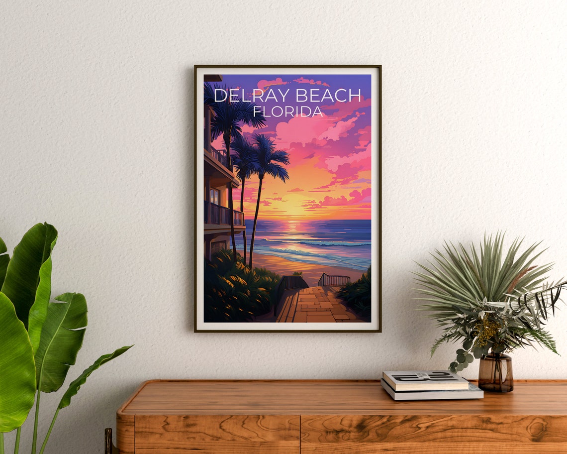 Delray Beach Florida Sunset Palms Ocean Waves Boardwalk View Poster - Image 3