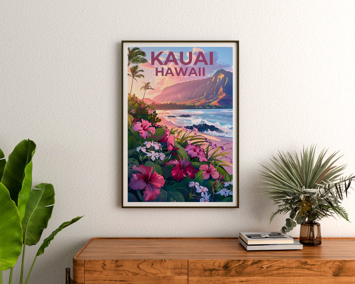 Kauai Hawaii Beach Hibiscus Flowers Mountain Coast View Poster - Image 3