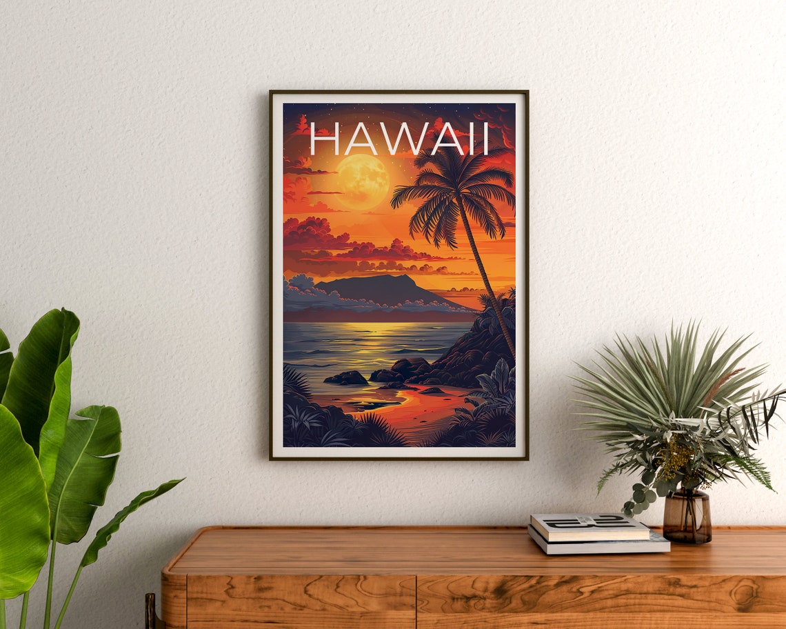 Hawaii Moonlit Beach Palm Tree Ocean Island Sunset Travel Poster - Image 3