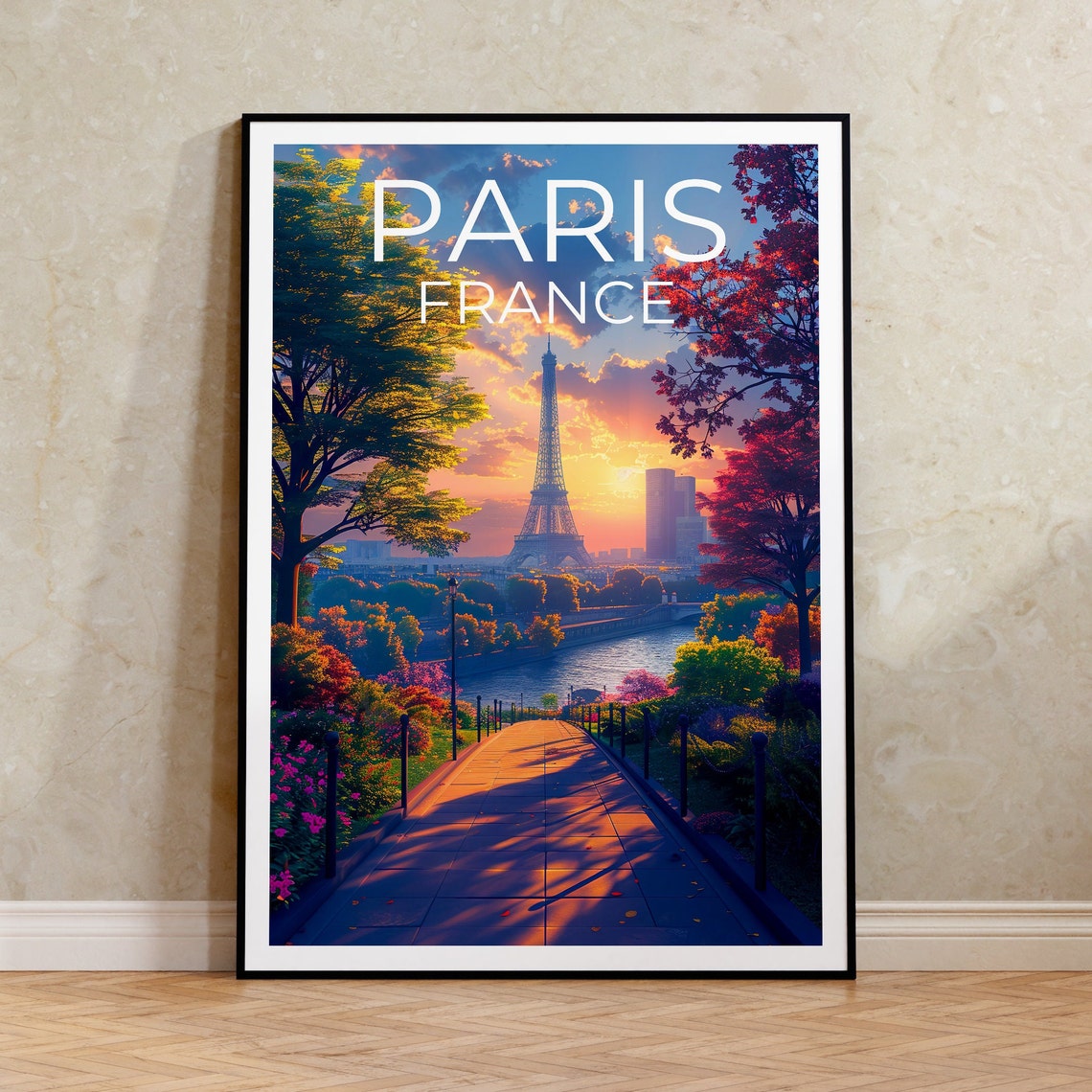 Paris France Eiffel Tower Sunrise Riverside Park Avenue Travel Poster