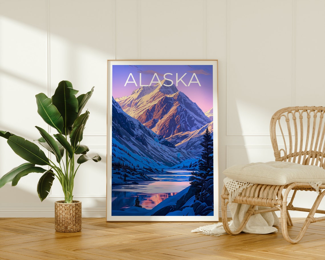 Alaska Snow Capped Mountains Frozen Lake Dawn Reflection Travel Poster - Image 2