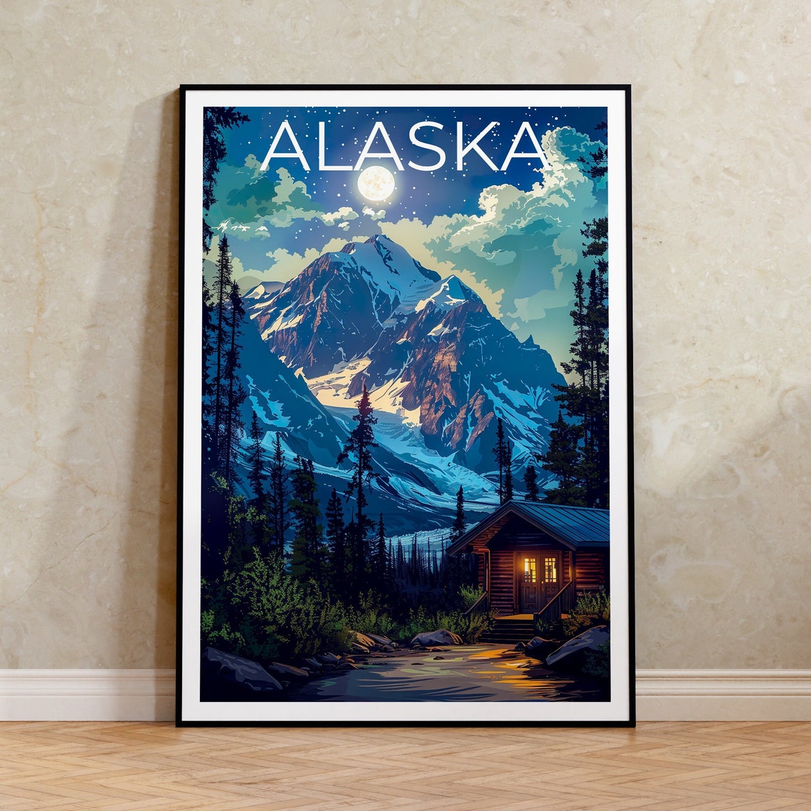 Alaska Log Cabin Moonlit Mountain Lake Cozy Wilderness Night Poster