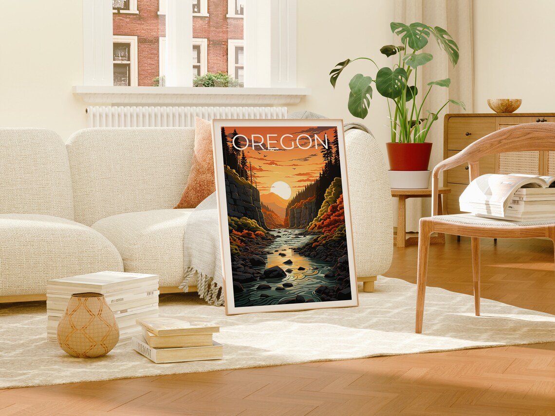 Oregon River Gorge Autumn Forest Sunset Golden Hour Travel Poster - Image 4