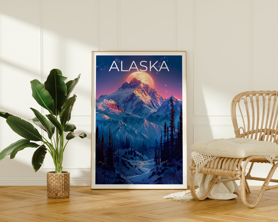Alaska Snow Capped Peak Moonrise Pine Forest Night Travel Poster - Image 2