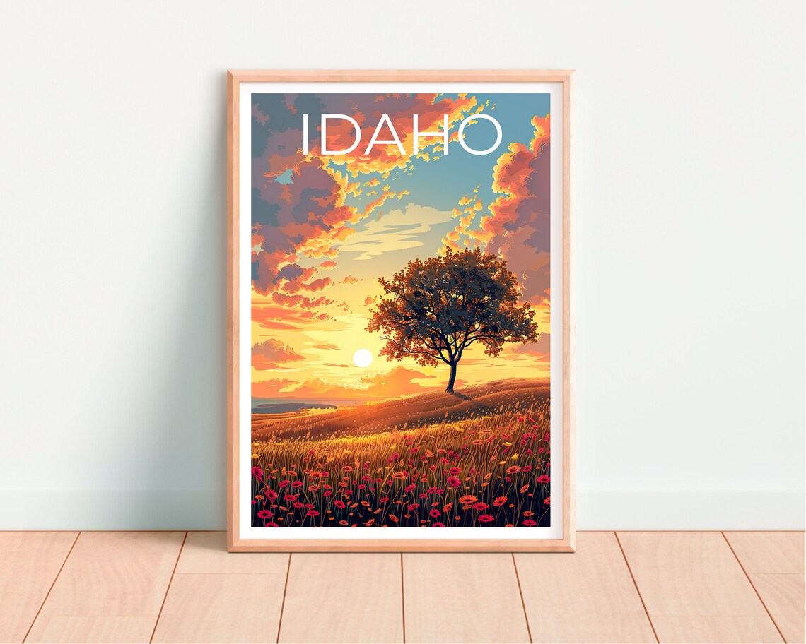 Idaho Lone Tree Sunset Wildflower Field Golden Plains Travel Poster - Image 4