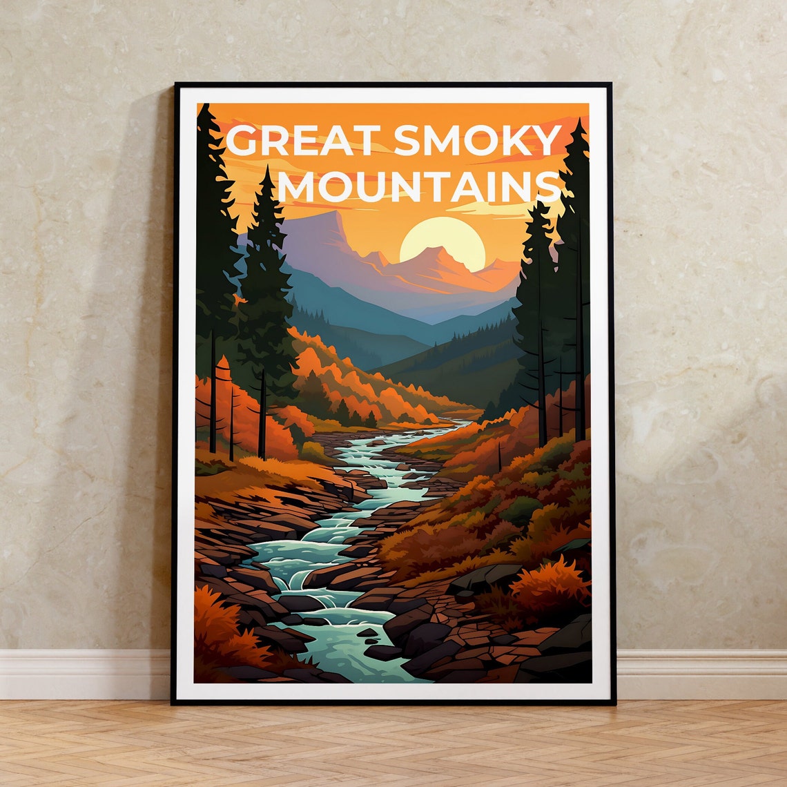 Great Smoky Mountains Autumn River Sunrise Forest Valley Poster