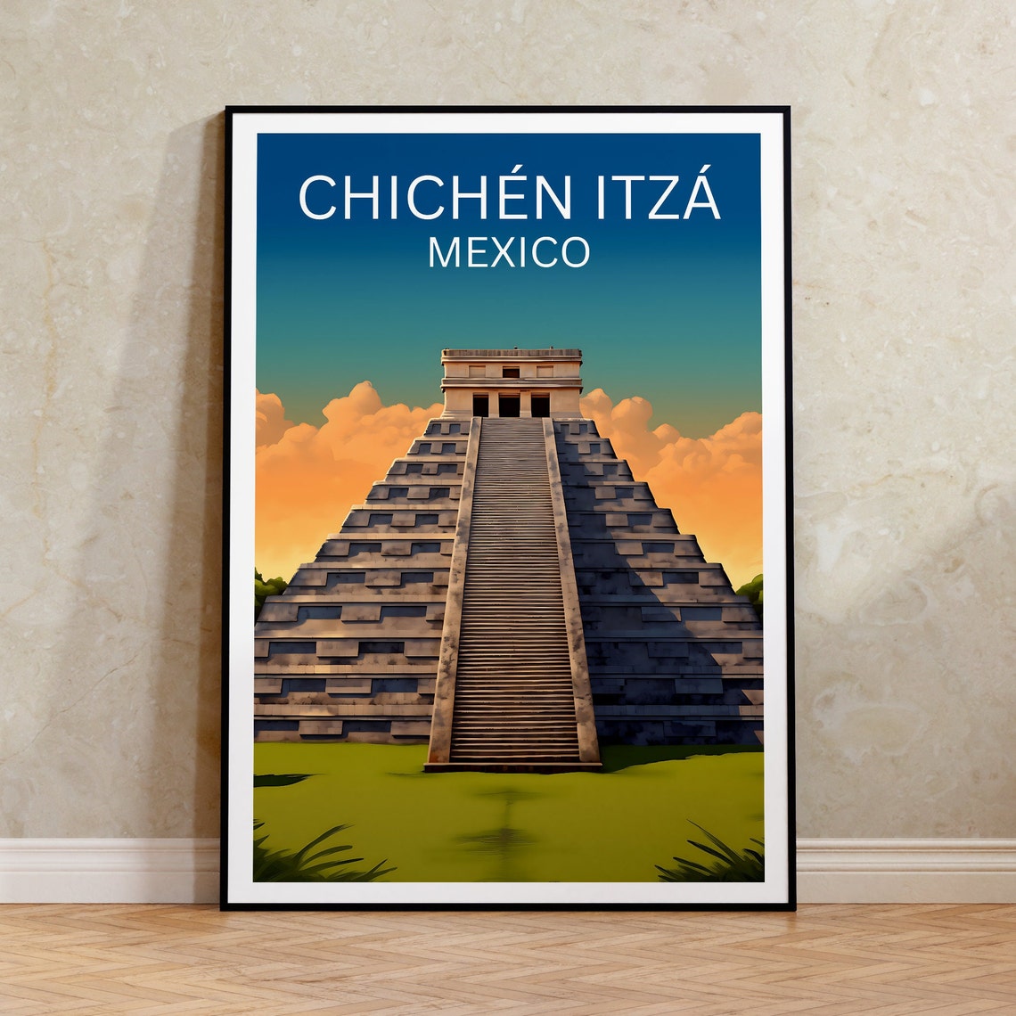 Chichen Itza Mexico Mayan Pyramid El Castillo Sunset Travel Poster
