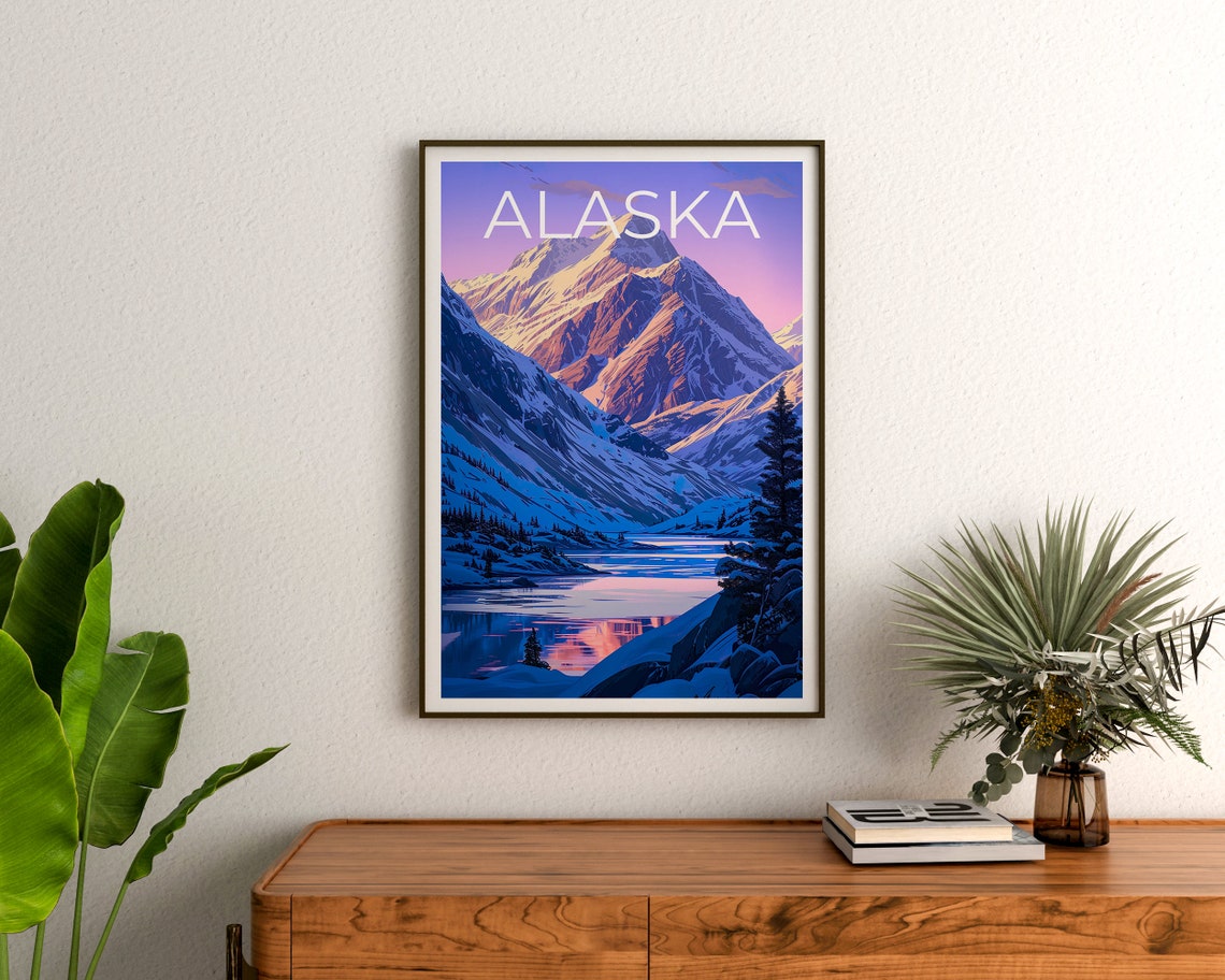 Alaska Snow Capped Mountains Frozen Lake Dawn Reflection Travel Poster - Image 3