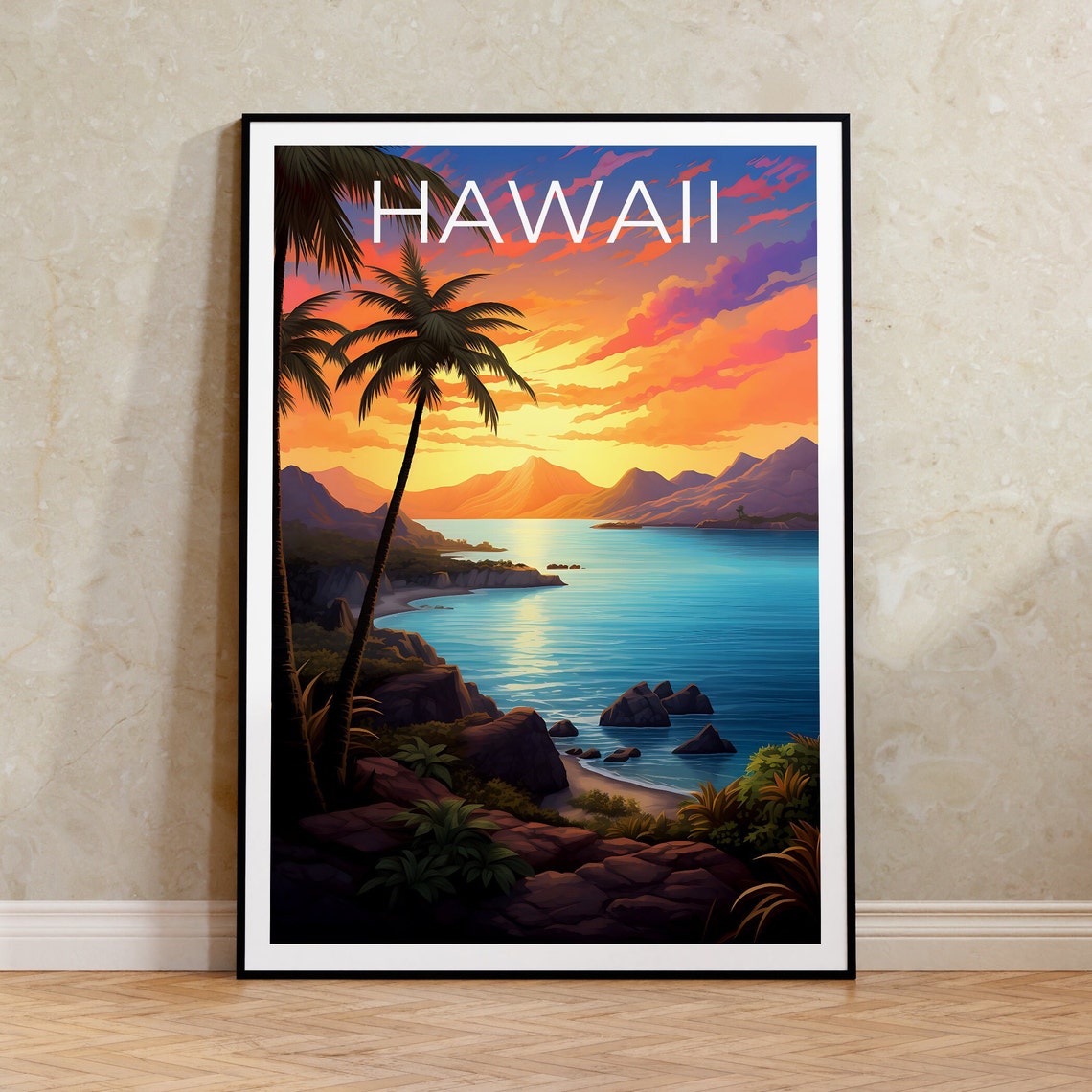 Hawaii Tropical Beach Sunset Palm Trees Rocky Cove Ocean Travel Poster
