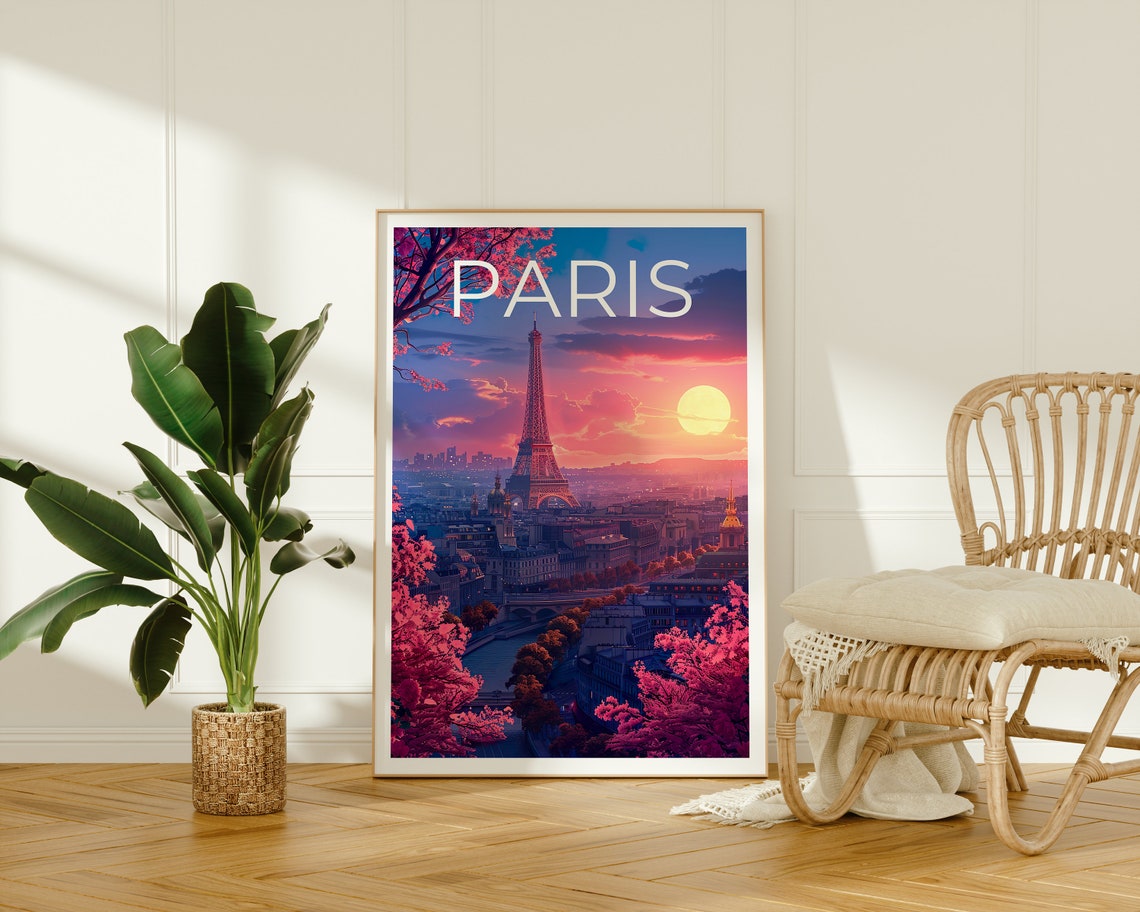 Paris France Eiffel Tower Sunset City Skyline Blossom Travel Poster - Image 2