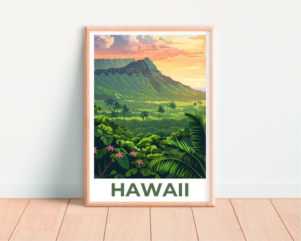 Hawaii Lush Green Mountain Valley Palm Trees Sunrise View Poster - Image 4