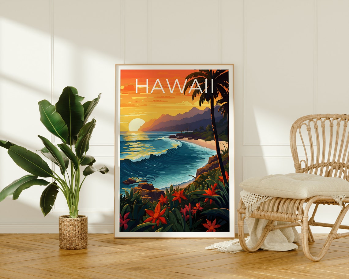 Hawaii Tropical Beach Sunset Palm Wave Golden Hour Travel Poster - Image 2