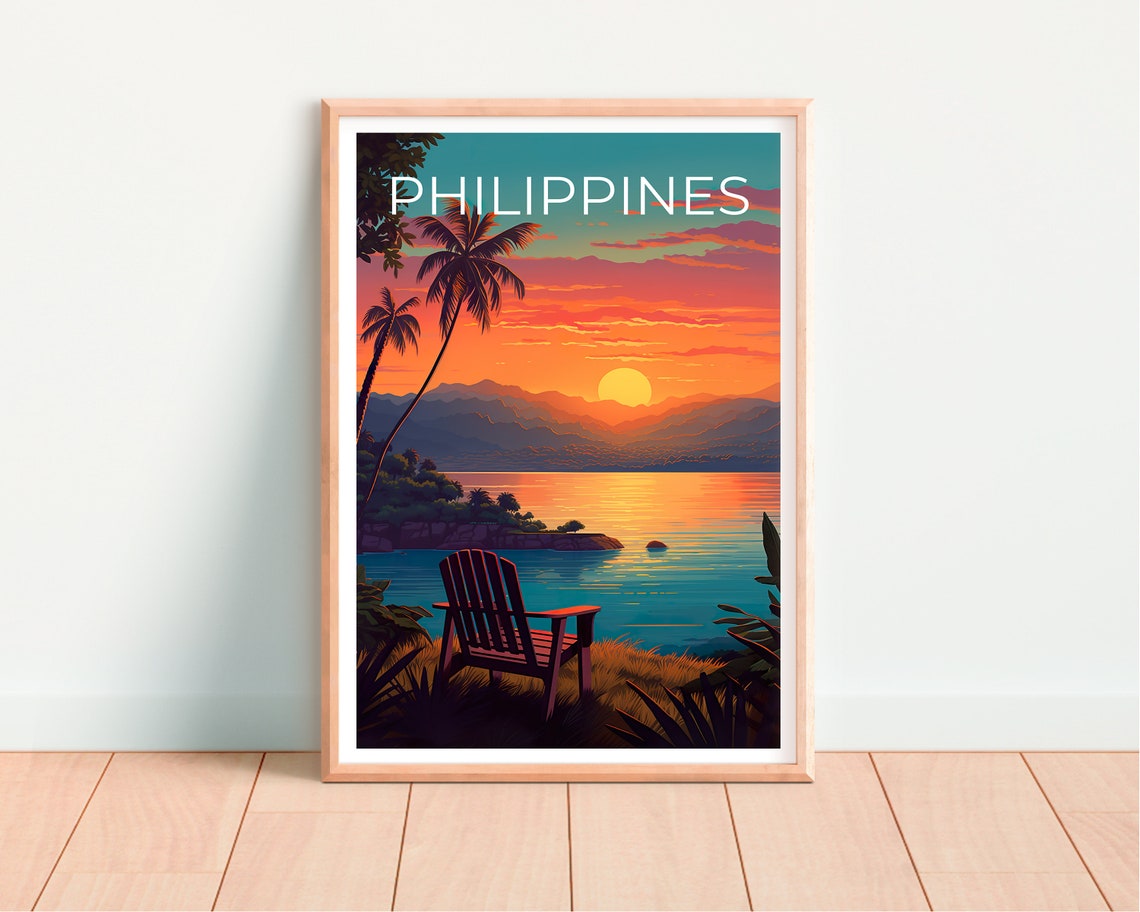 Philippines Tropical Island Sunset Bay Palm Trees View Travel Poster - Image 4
