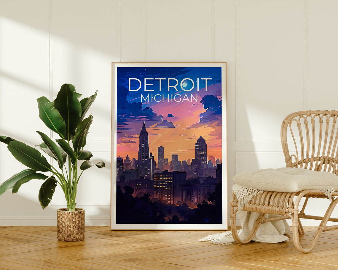Detroit Michigan Skyline Twilight Glowing City Lights Travel Poster - Image 2