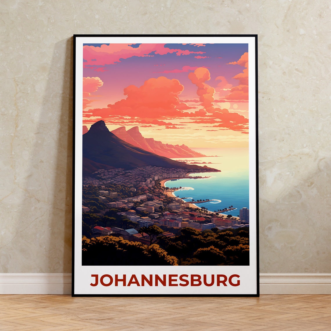 Cape Town South Africa Table Mountain Bay Sunset View Travel Poster