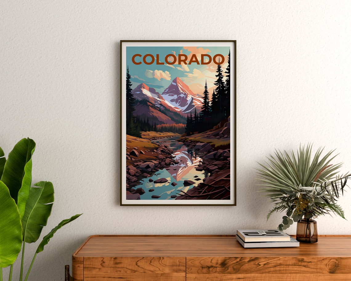 Colorado Rockies Snowy Peaks Mountain Stream Reflection Travel Poster - Image 3