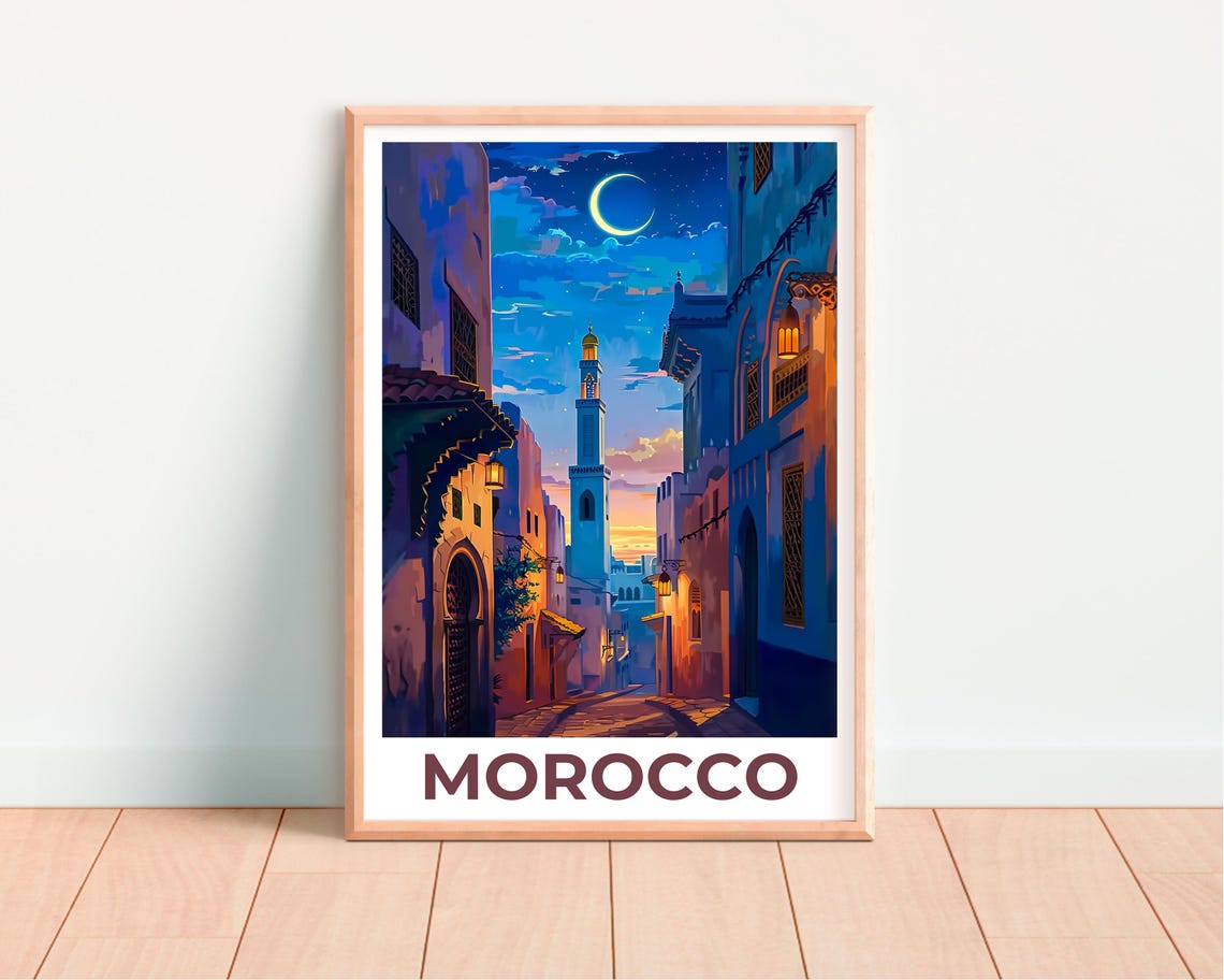Morocco Night Medina Street Minaret Crescent Moon Travel Poster - Image 2