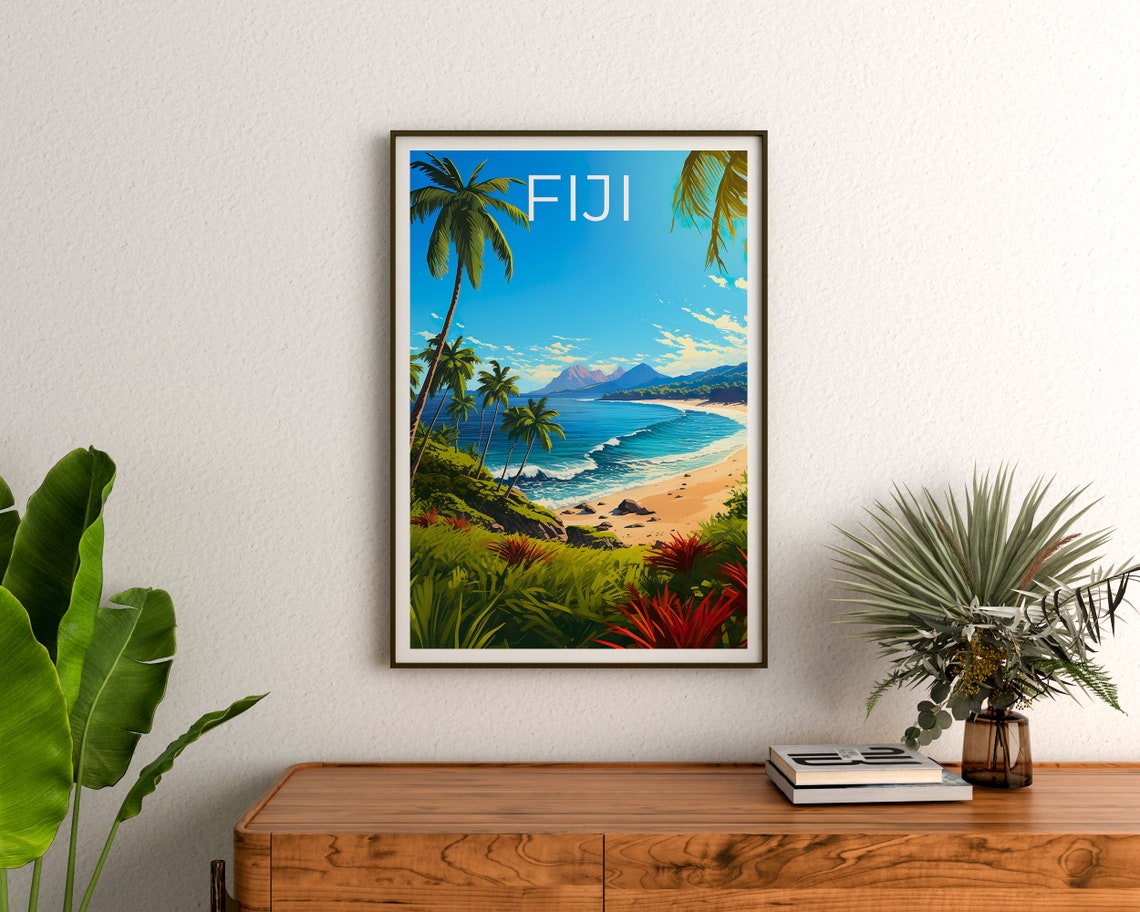 Fiji Beach Bay Palm Trees Turquoise Water Mountain View Poster - Image 3
