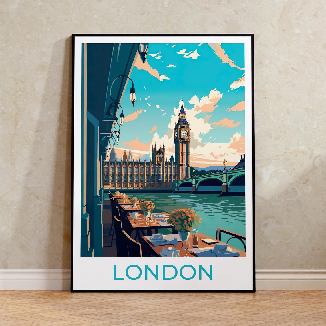 London Big Ben Parliament Thames Riverside Cafe Terrace View Poster