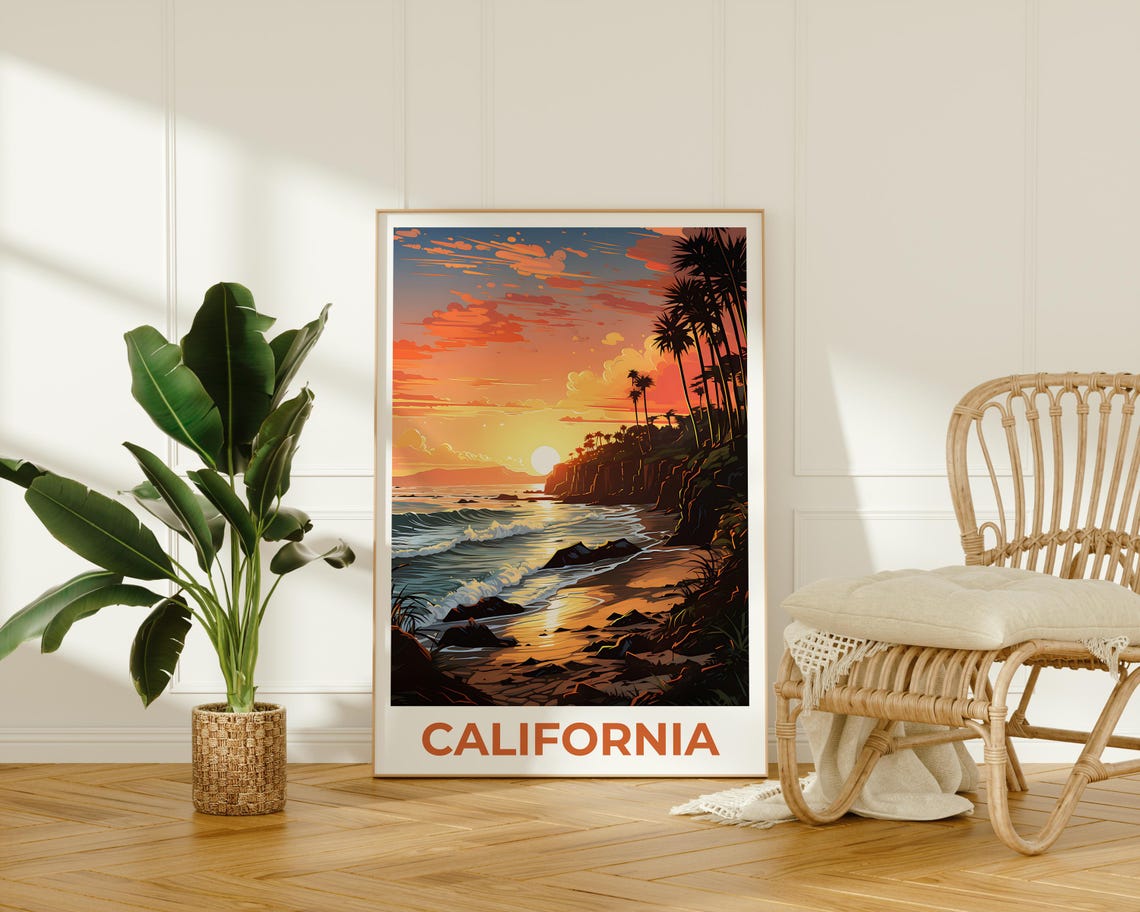 California Southern Beach Sunset Palm Cliffs Ocean Waves Travel Poster - Image 2