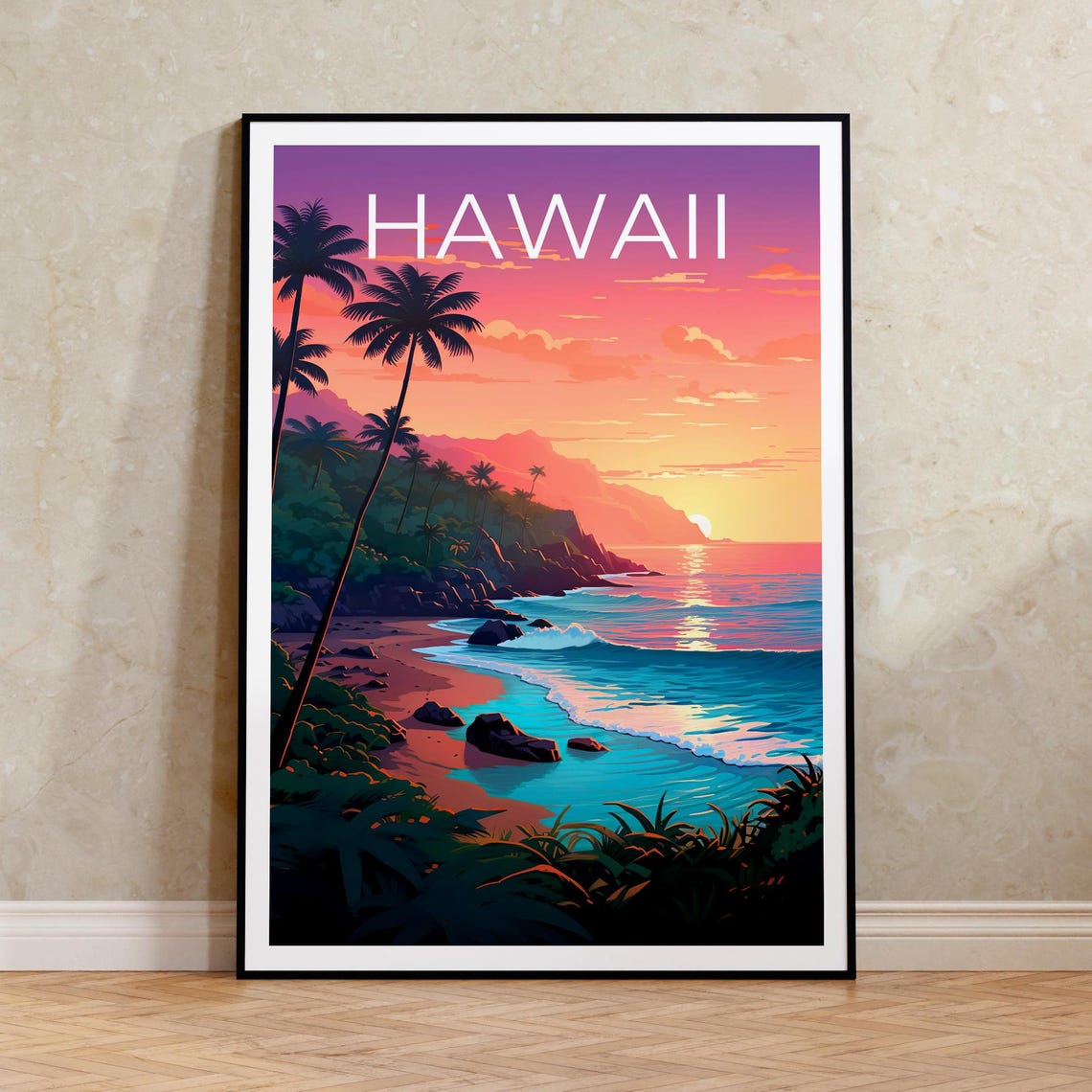 Hawaii Sunset Beach Palm Trees Red Cliffs Ocean Travel Poster