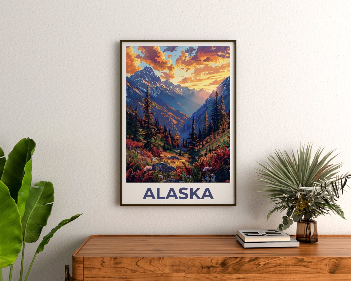 Alaska Mountain Valley Sunset Pines Wildflowers Rugged Travel Poster - Image 3