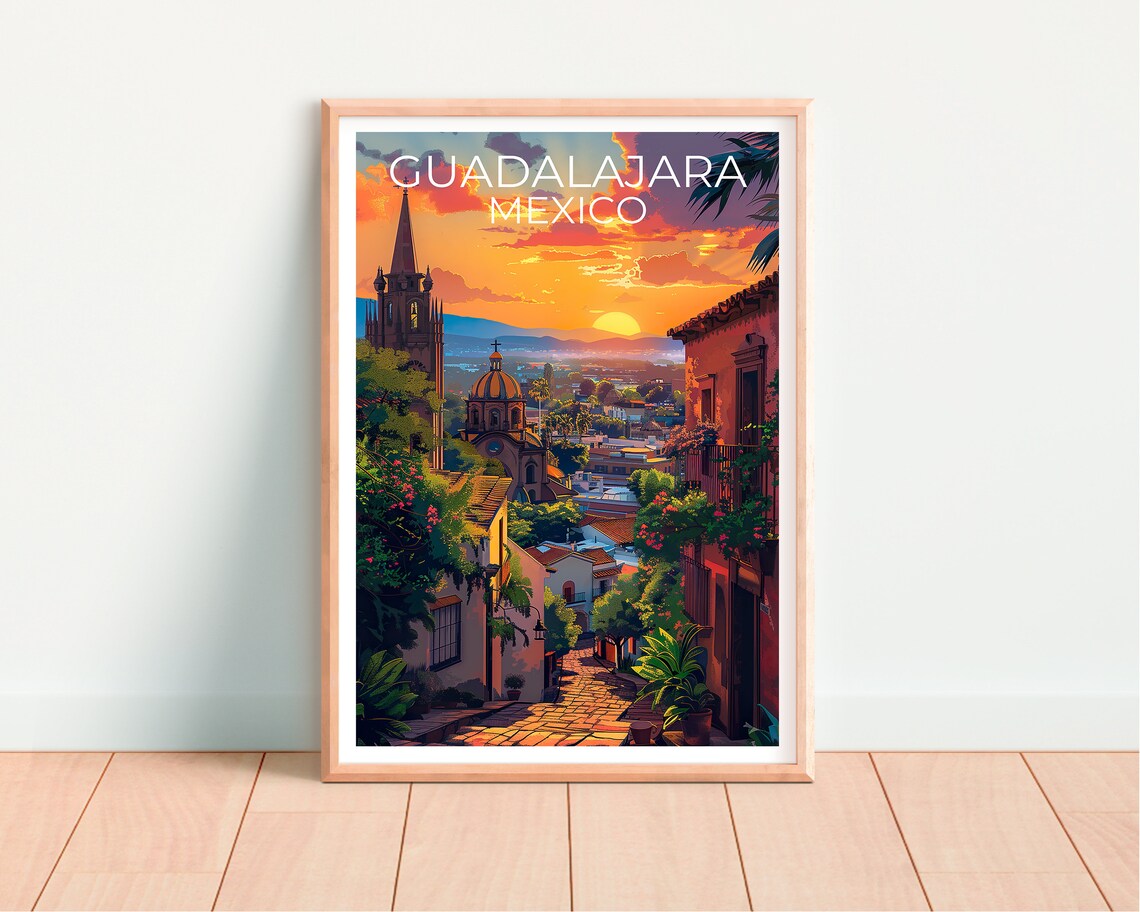Guadalajara Mexico Colonial Street Church Spire Sunset Travel Poster - Image 4