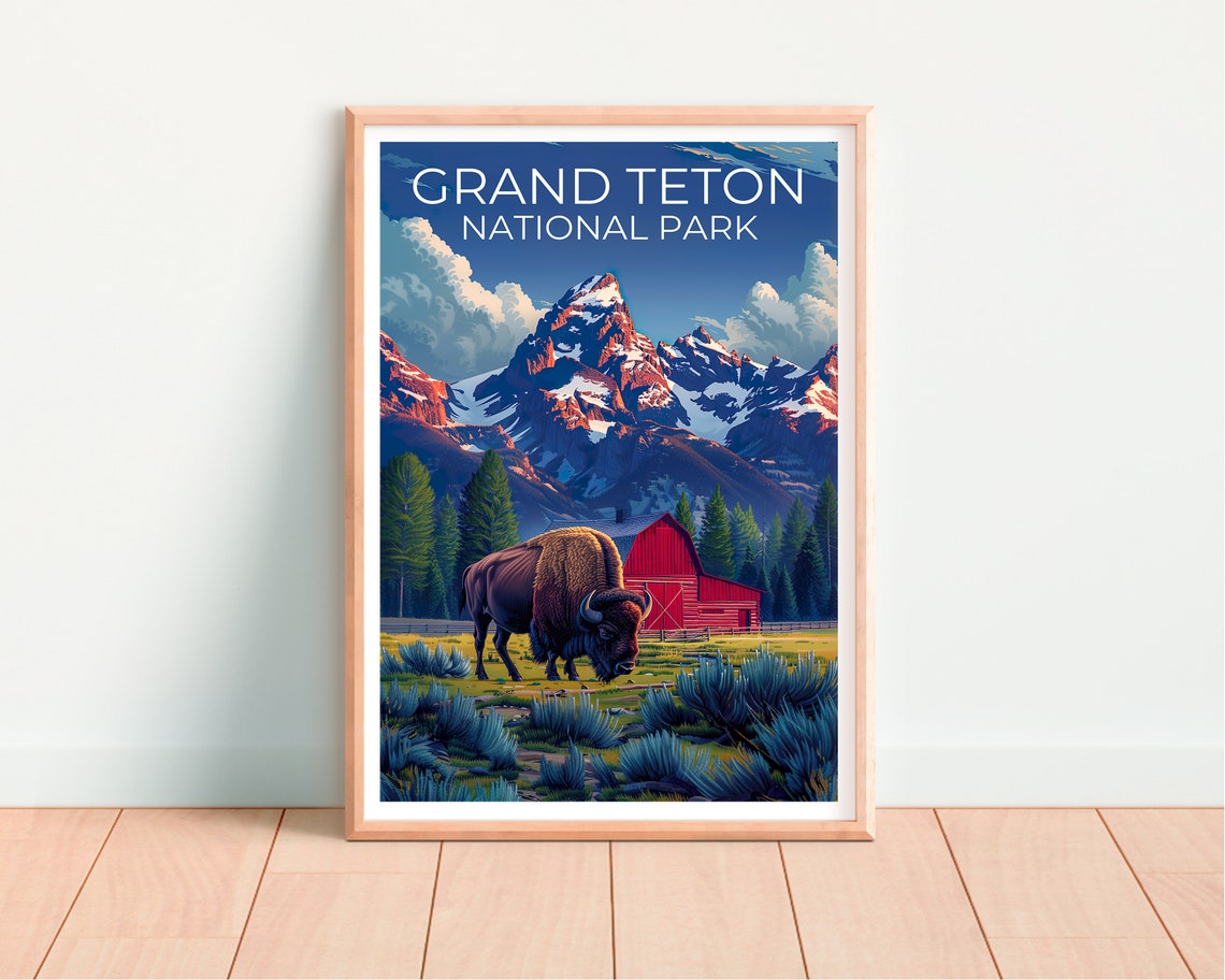 Grand Teton National Park Bison Red Barn Mountain View Poster - Image 4