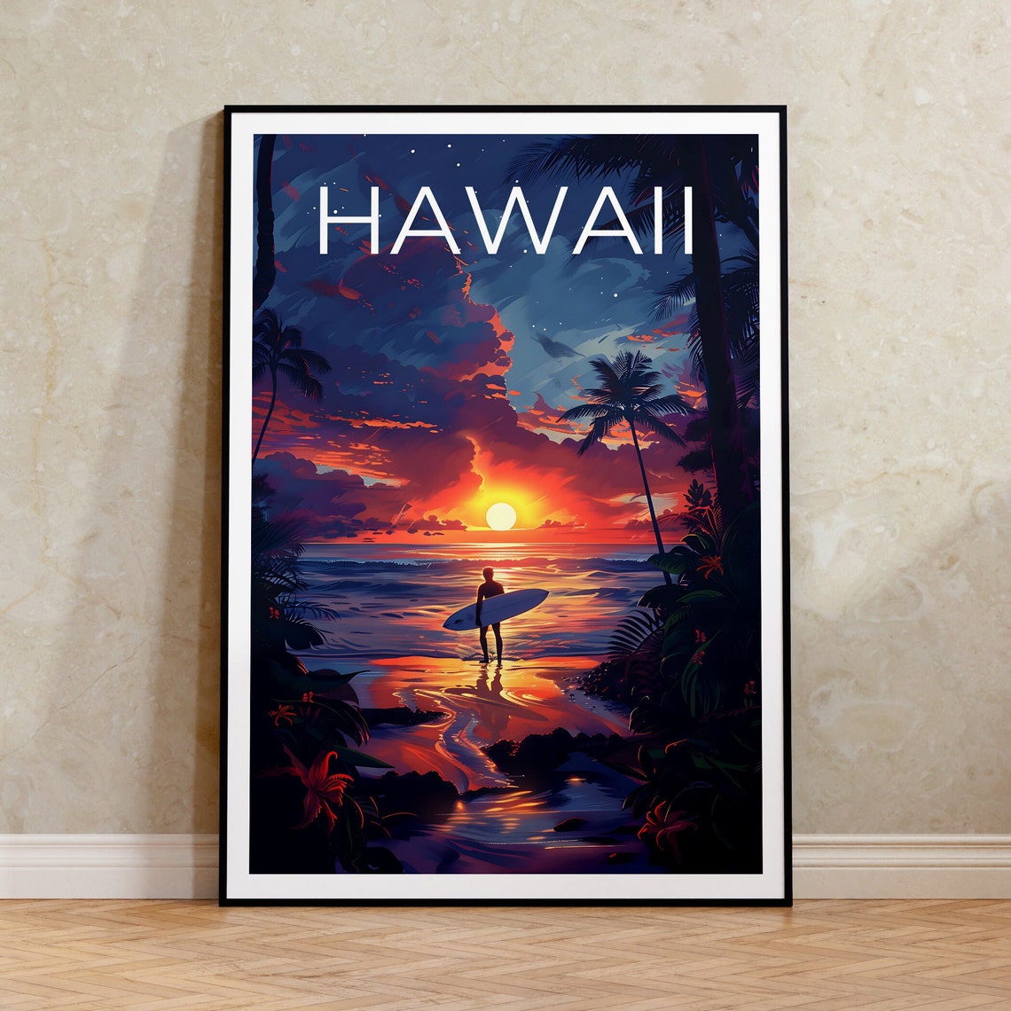 Hawaii Surfer Sunset Beach Palm Trees Wave Silhouette Travel Poster