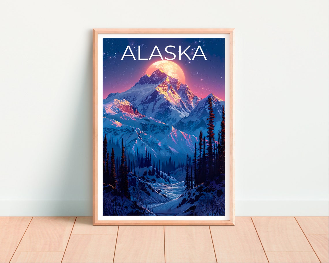 Alaska Snow Capped Peak Moonrise Pine Forest Night Travel Poster - Image 4