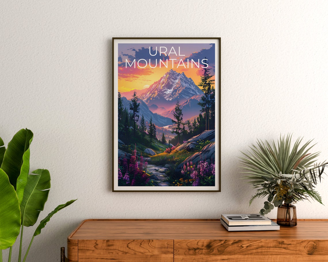 Ural Mountains Sunset Snow Peak Wildflower Meadow Stream View Poster - Image 3