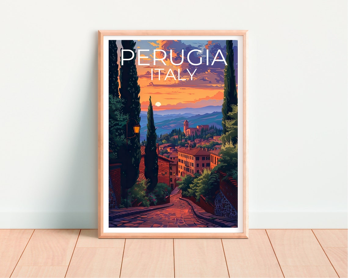Perugia Italy Umbrian Old Town Sunset Cobblestone Street Travel Poster - Image 4