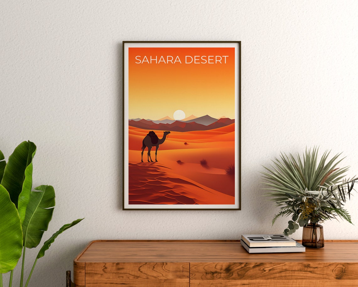 Sahara Desert Camel Silhouette Red Dunes Golden Sunset Travel Poster - Image 3