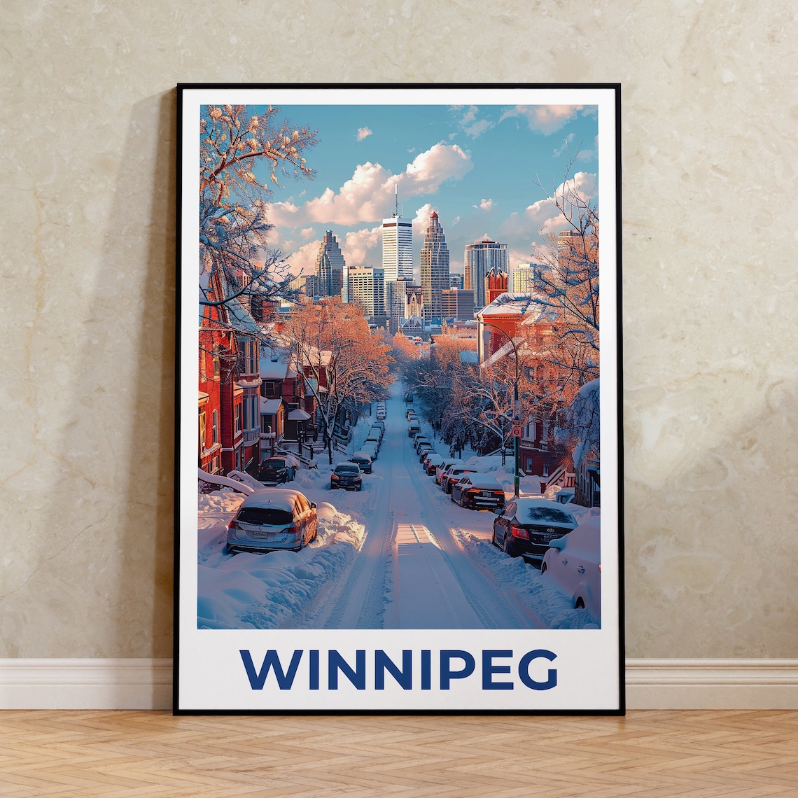 Winnipeg Canada Snowy Winter Street Downtown Skyline Sunrise Poster