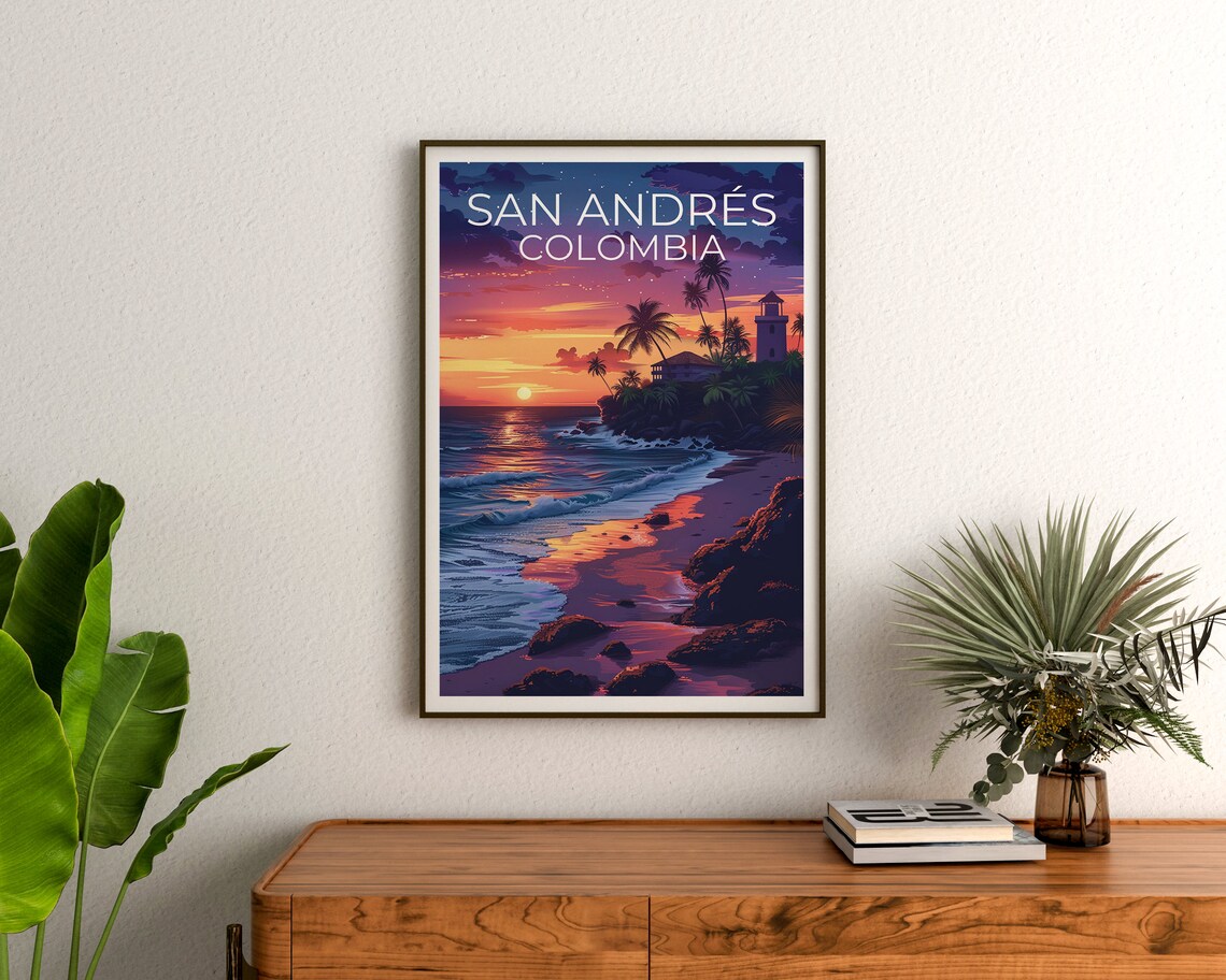 San Andres Colombia Island Beach Sunset Lighthouse Palms Travel Poster - Image 3
