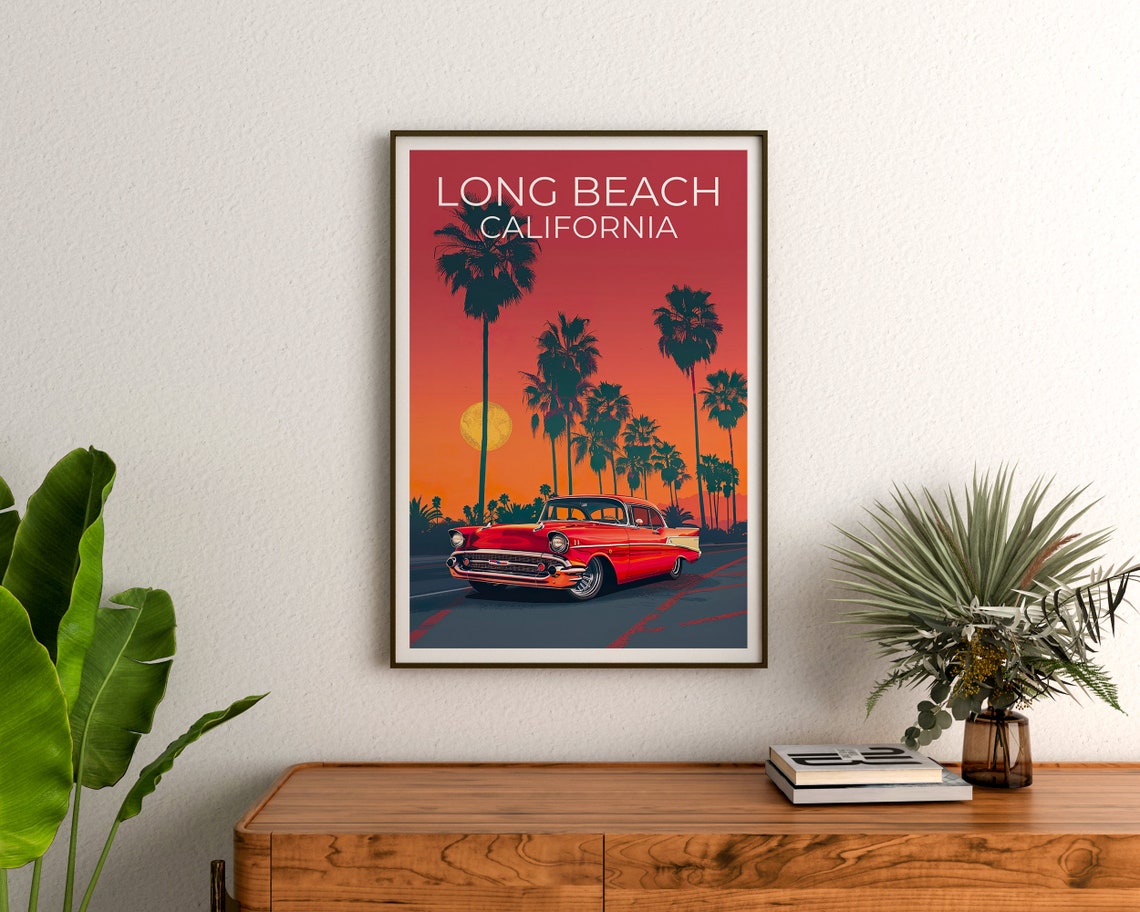 Long Beach California Classic Car Sunset Palm Trees Retro Poster - Image 3