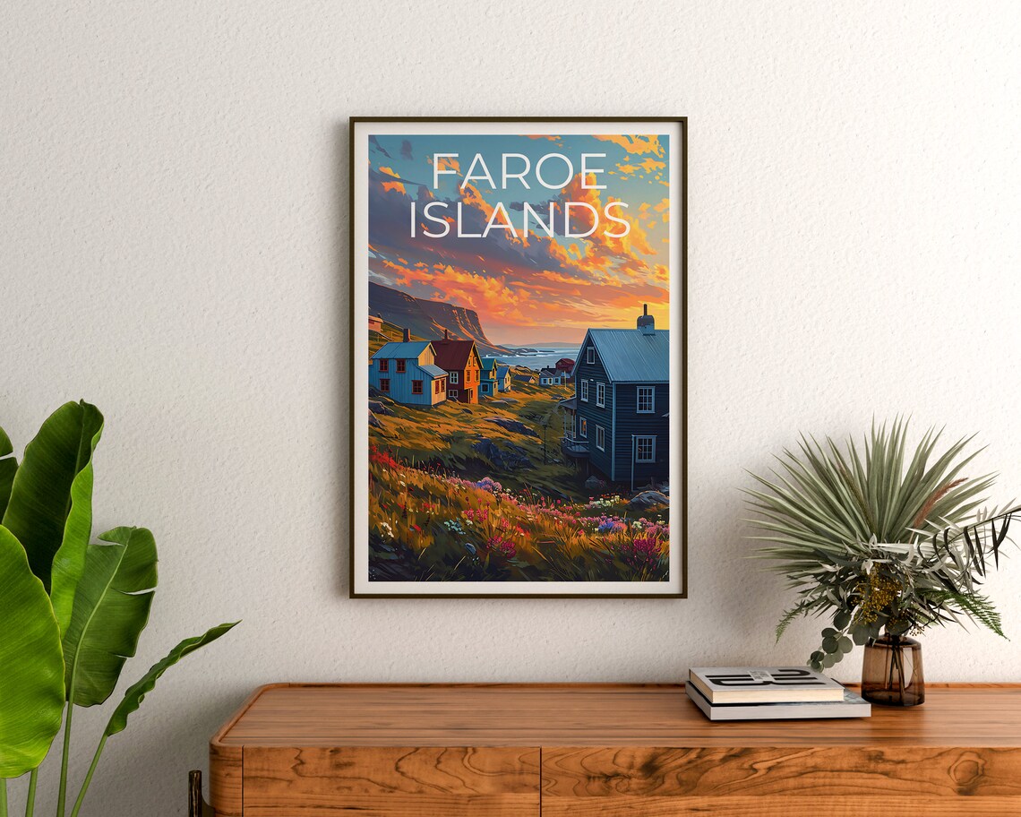 Faroe Islands Coastal Village Colorful Houses Sunset Sky Travel Poster - Image 3