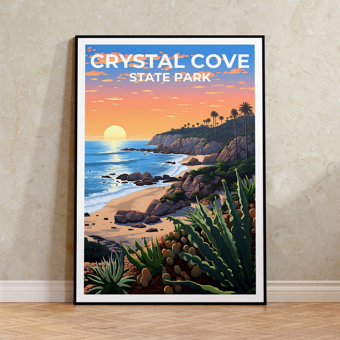 Crystal Cove State Park Beach Golden Sunset Palm Cliffs Travel Poster