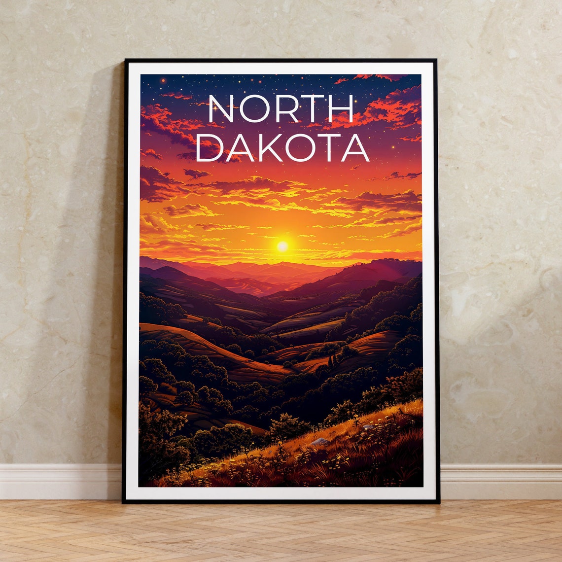 North Dakota Rolling Hills Sunset Prairie Golden Sky Travel Poster
