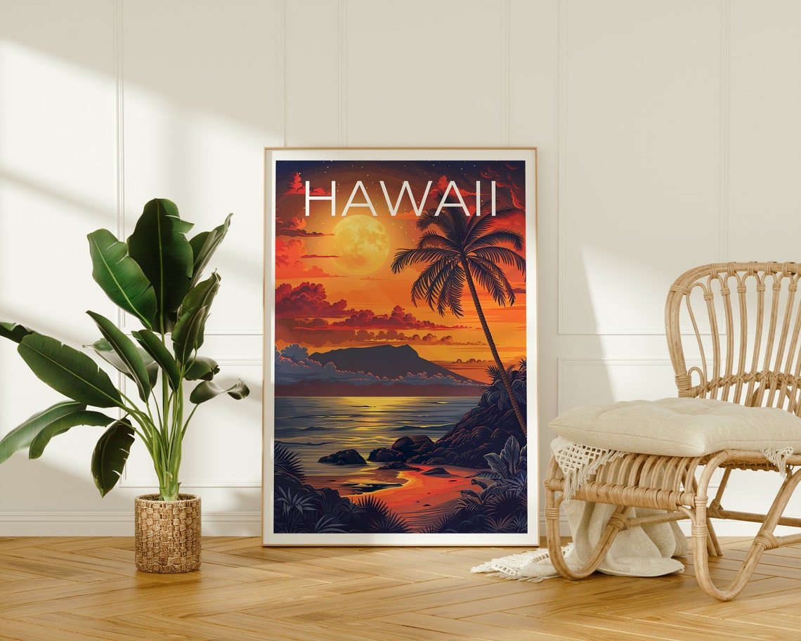 Hawaii Moonlit Beach Palm Tree Ocean Island Sunset Travel Poster - Image 2