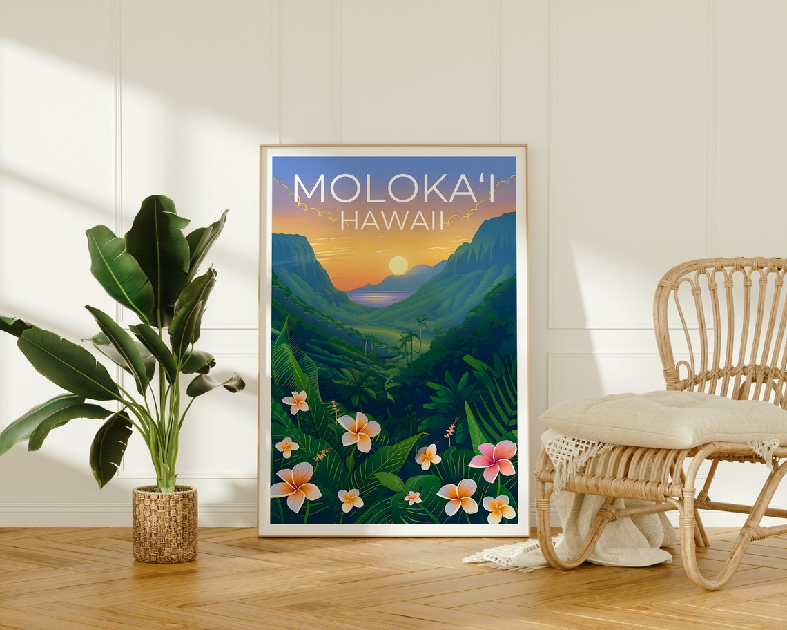 Molokai Hawaii Lush Green Valley Cliffs Plumeria Sunset Poster - Image 2