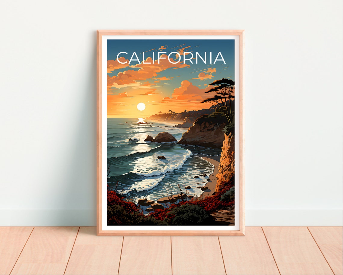 California Coast Sunset Golden Cliffs Ocean Waves Travel Poster - Image 4
