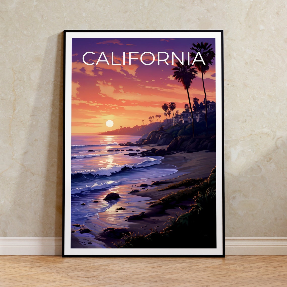 California Beach Sunset Cliffside Homes Palm Trees Ocean Travel Poster