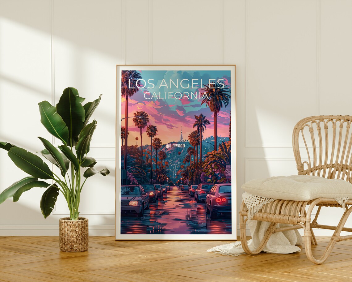 Los Angeles Hollywood Sign Sunset Palm Street California Poster - Image 2
