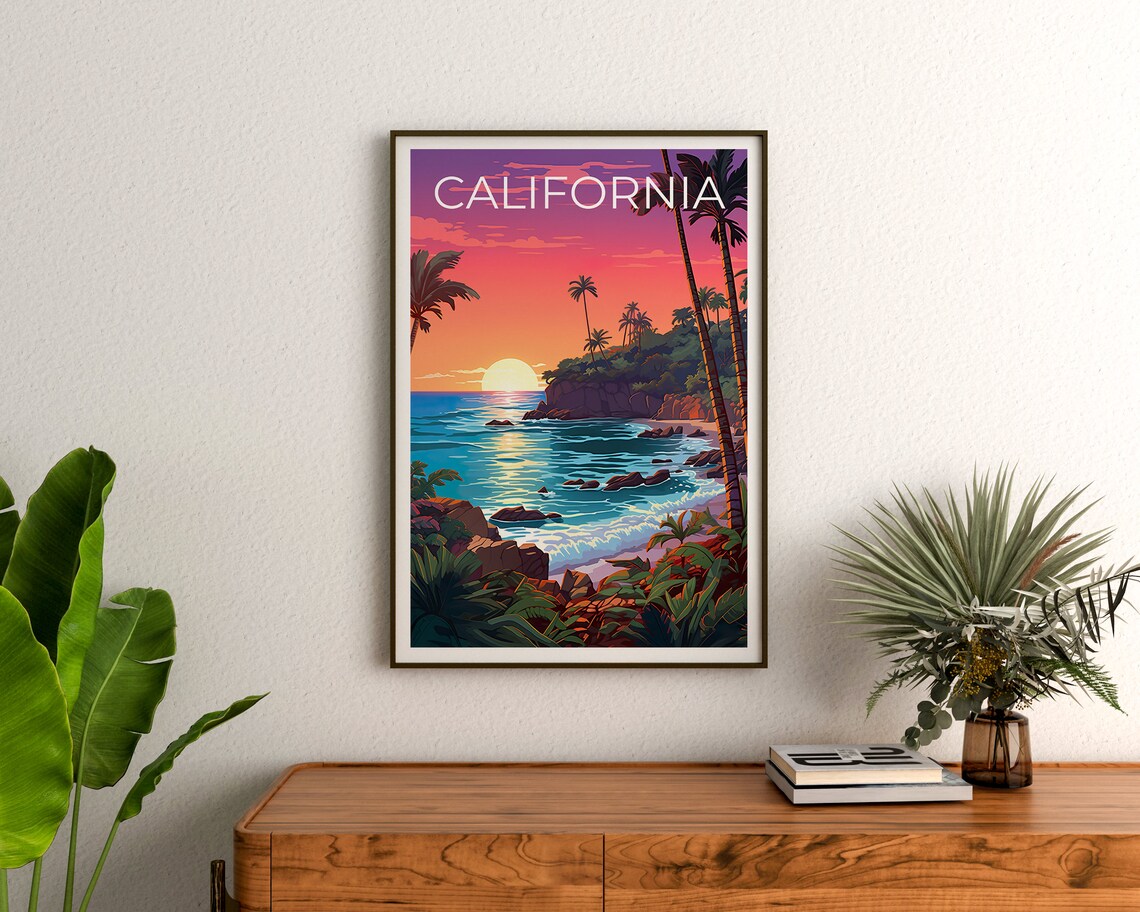 California Rocky Cove Sunset Palm Trees Ocean Waves View Poster - Image 3