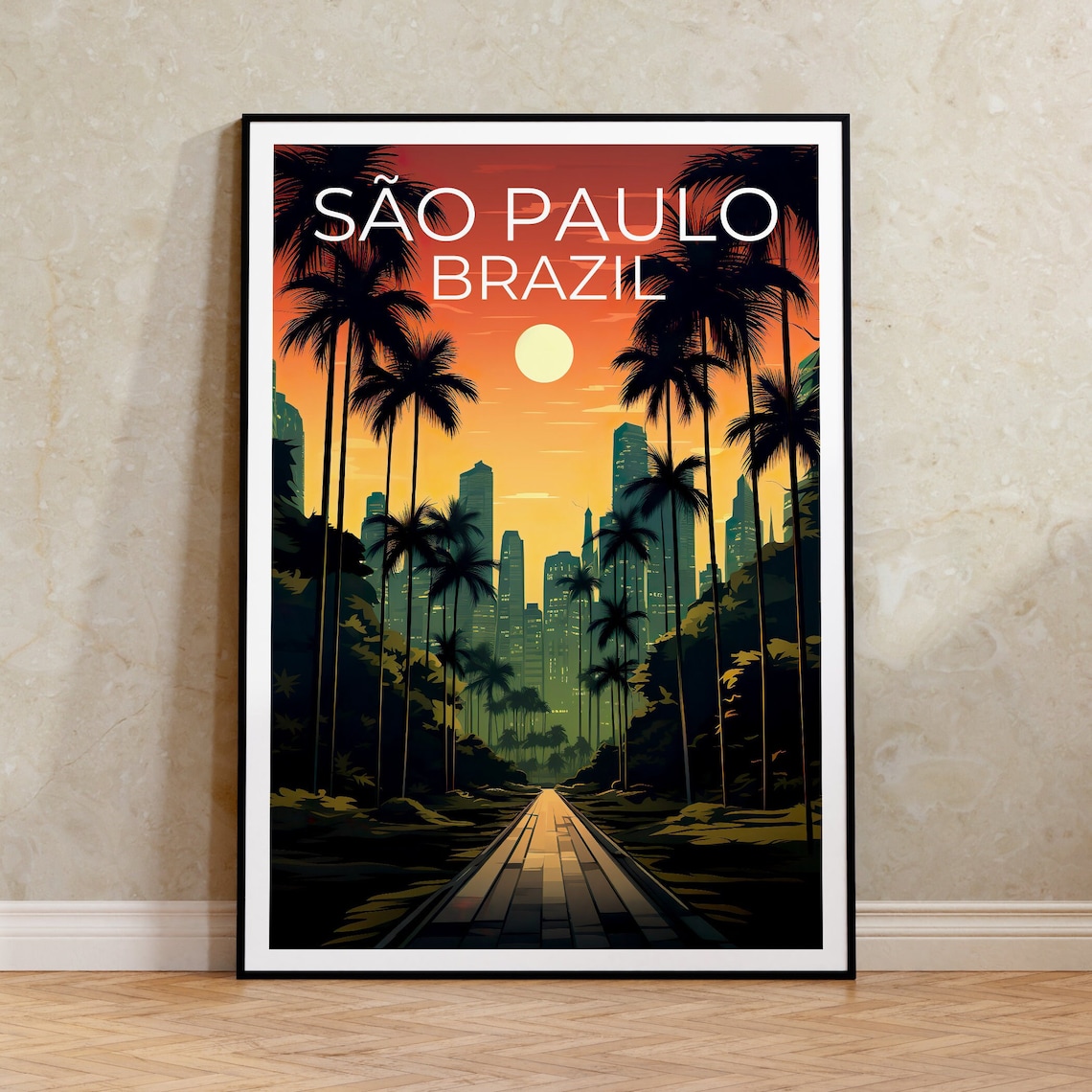 Sao Paulo Brazil Skyline Sunset Palm Avenue Retro Travel Poster
