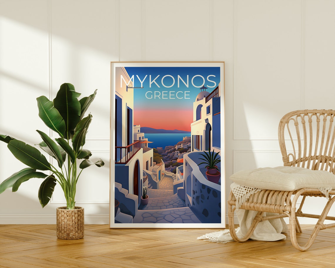 Mykonos Greece Whitewashed Streets Sunset Aegean Sea View Poster - Image 2