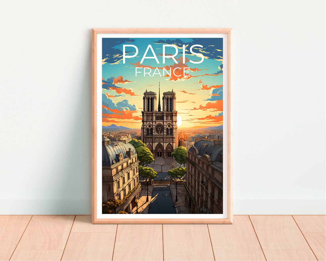 Paris France Notre Dame Cathedral Sunset Rooftops Travel Poster - Image 4