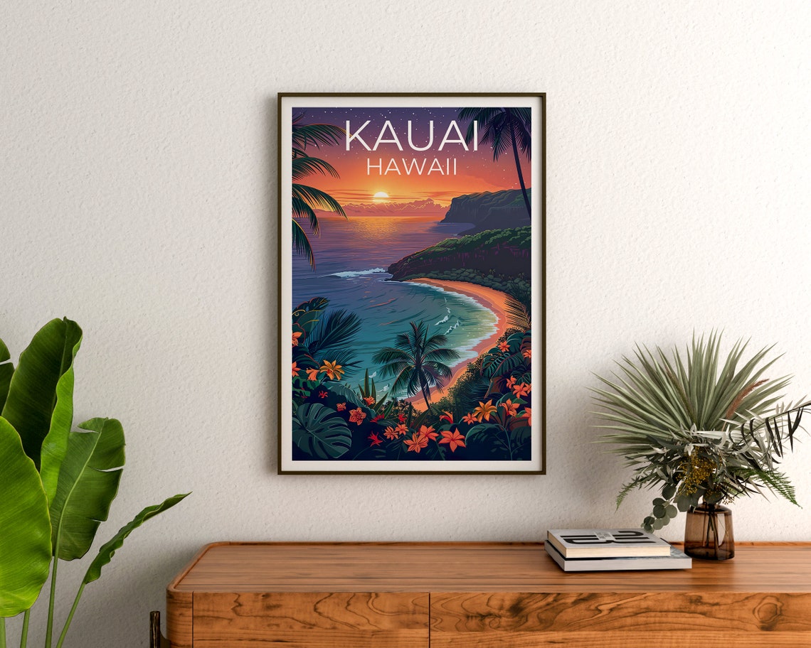 Kauai Hawaii Tropical Bay Sunset Palm Trees Flowers Travel Poster - Image 3