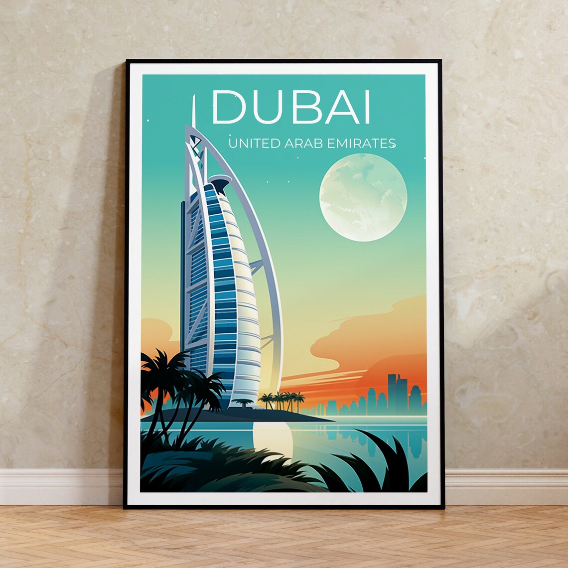 Dubai UAE Burj Al Arab Sail Hotel Moonlit Skyline Palm Island Poster